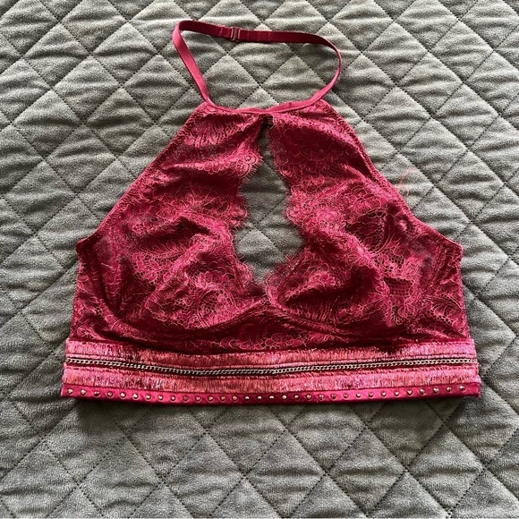 Victoria Secret bralette bra Women Medium Lace Burgundy Halter Sheer Keyhole b14 - Picture 4 of 8